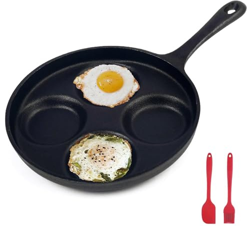 Waykea 4-Cup Cast Iron Fried Egg Pan 24cm Pancake Pan Burger Omelet Cooker Griddle Egg Skillet for Breakfast, Kitchen Cookware for Gas Stove & Induction Cooker