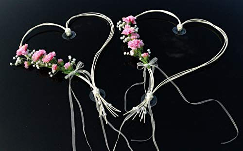 Autoschmuck Décoration de voiture de mariage avec 2 cœurs réalisés à partir de roses et de rotin (Rose 4)
