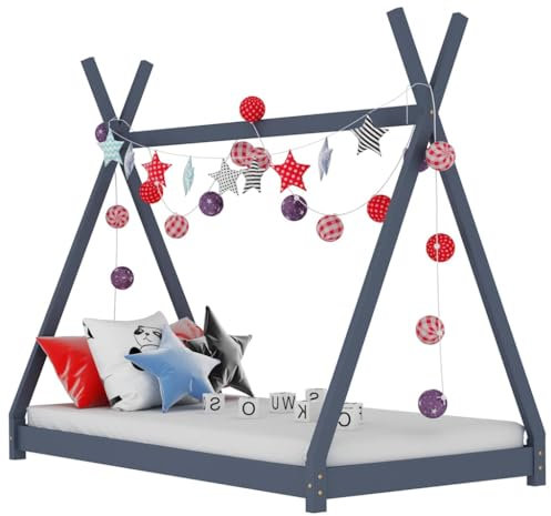 vidaXL Kiefernholz Massiv Kinderbett Hausbett Bettenhaus Spielbett Tipi Indianer Bett Kinderhaus Holzbett Bettgestell Lattenrost Grau 80x160cm