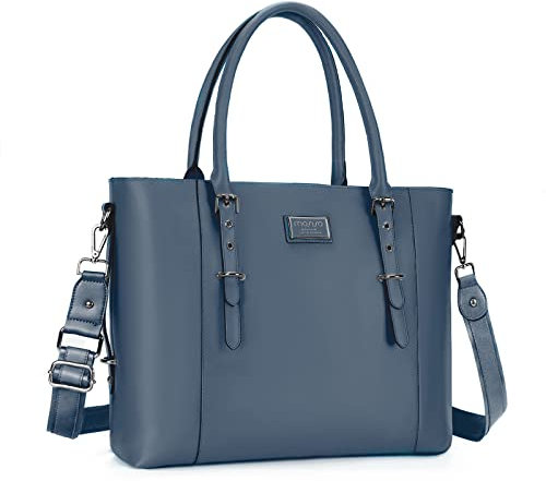 MOSISO Laptop Tote Bag (15-16 inch), PU Leather Shoulder Briefcase Handbag Compatible with MacBook & Notebook Large Capacity with Padded Compartment, Niagara Blue