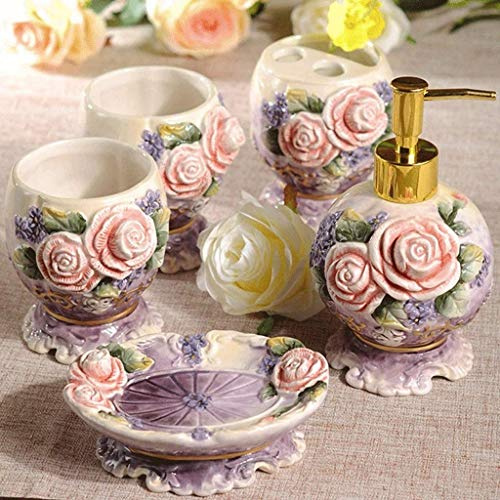 Nachfüllbarer Seifendosierer für 5-teiliges Keramik Bad Zubehör-Set enthält Flüssigseife oder Lotionspender Zahnbürstenhalter, Tumbler, Seifenschale Elegante Rose Carving Dekoration, Aufsatz- Seifensp