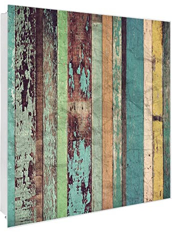 banjado® Großer Schlüsselkasten Glas/Schlüsselbox 30cm x 30cm mit 50 Haken - Motiv Bunte Bretterwand/Schlüsselkasten modern für Schlüsselaufbewahrung mit beschreibbarer, magnetischer Glastür