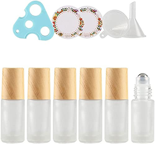 ZEOABSY 6 Stück 5 ml Matt Klar Leere Roller Glas Flaschen, 1x Trichter 1x Öffner 3X Etikette,5ml Klarglas Roll-on Glasflaschen mit Edelstahl-Roller Ball, für Ätherische Öle Essential Oil