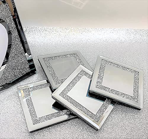 Lot de 4 dessous de verre carrés de 10 x 10 cm avec strass écrasés (bordure de bijoux)