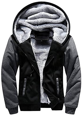 AOTORR Men's Hoodies Full Zip Fleece Jacket Coat Winter Warm Oversized Zip Up Hooded Top with Pockets Black Gray 2XL