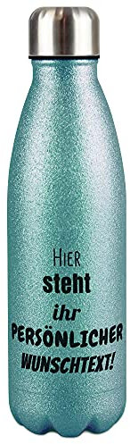 PR Print Royal Edelstahl-Trinkflasche selbst gestalten - individuell mit Text - Thermosflasche Glitzer, Wasserflasche BPA-frei, Reise, Camping, Glitter I Personalisiertes Geschenk, Türkis 500 ml