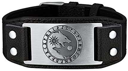 U7 Wikinger Sonne Mond Wölfe Yin Yang Fenrir Lederarmband mit Gürtelschnalle Nordische Amulette Modeschmuck Accessoire für Männer