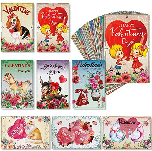 56 Stück Vintage Valentinstagskarten Tier Valentinstag Karten Bunte Grußkarten für Klassenzimmer Kinder Urlaub Basteln Hochzeit Verlobung Jahrestag Supplies 15,2 x 10,2 cm, 8 Stile
