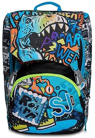 SJ Gang Zaino Scuola Estensibile, Blu Nero, Flip 3D Boy, Zaino Doppio Scomparto Estensibile Con Pattine Sfogliabili, Dinosauro 3D, Scuola Elementare e Tempo libero, Bambino