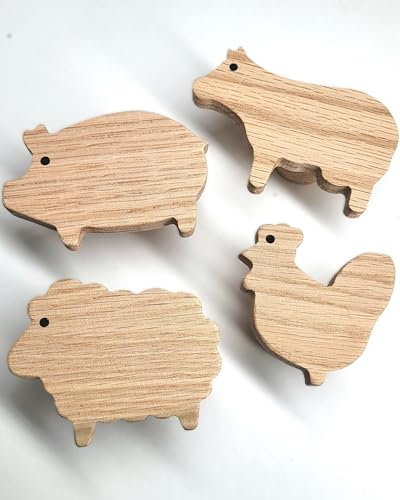 Tierische Griffe für Kindermöbel aus unbehandeltem Eichenholz, Knauf, Knopf, Bauernhof, Farm, Kommode, Schrank, Schublade, Tür, Kinderzimmer, Geschenkidee (4, Huhn, Kuh, Schaf, Schwein)