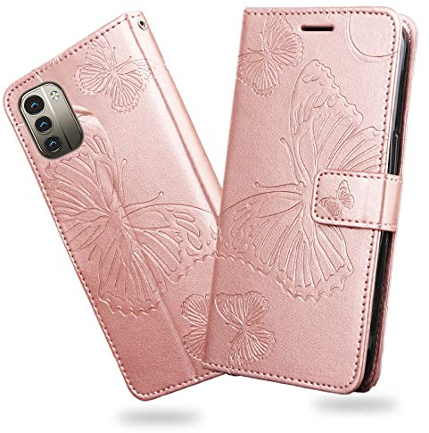 DENDICO Coque pour Nokia G21 / Nokia G11, Papillon Imprimé Housse en Cuir PU Magnétique Portefeuille, Étui à Rabat pour Nokia G21 / Nokia G11, Or Rose