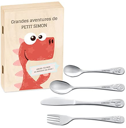 Maverton Set de couverts personnalisé pour garçon - Coutellerie dans coffret imprimé - Couverts Thème Animal - Cadeau d'anniversaire - Cadeaux bébé - Couverts gravés - REPTILE