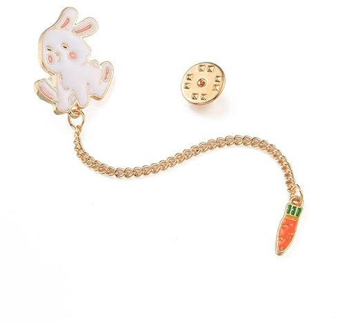 Jolie broche en métal avec chaîne en forme de lapin et carotte - En émail - Pour chemise ou sac à dos - Cadeau Kawaii - Taille M - Autres pierres précieuses, Medium, Métal, Autres pierres précieuses