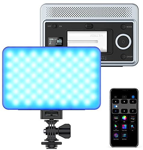 VILTROX Panneau lumineux LED RVB, contrôle par smartphone en couleur sur l'appareil photo, lumière vidéo LED 2600 K-6800 K, intensité variable, avec batterie NP-F550 (Sprite 15C)