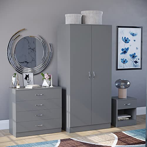 Vida Designs Riano 3 Piece Bedroom Furniture Set, 2 Door Wardrobe, 4 Drawer Chest Of Drawer and 1 Drawer Bedside Cabinet (Grey), Gray (Trio 1)