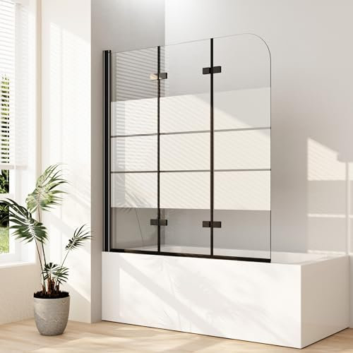 Duschwand für Badewanne, 120x140cm(BxH) 3-teilig faltbar Duschwand Schwarz Badewannenaufsatz Milchglas Streifen Badewannenfaltwand Duschabtrennung für Badewanne mit 6mm ESG Sicherheitsglas