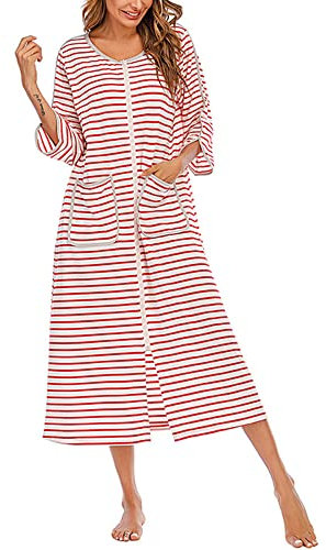 YILEEGOO Women Zipper Robe Zip Up 3/4 Sleeve Dressing Gown Loungewear Dress Long Bathrobe Housecoat with Pockets Nightwear (Red, XXL)
