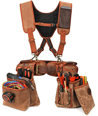 Tourbon Detachable Canvas Carpenter Tool Belt with Suspenders Heavy Duty Padded Framing Rig for Construction Framers Electrician