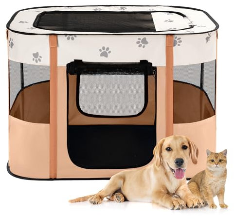 Avont Portable Dog Cat Playpen, Foldable Pop Up Pet Play Pen Travel Crate with Floor and Mesh Door Top for Indoor Outdoor Collapsible Tent Cage -L, Orange