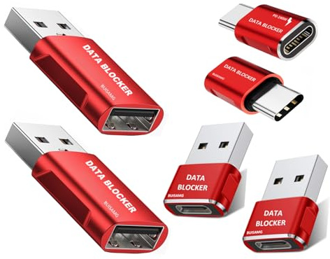 BUISAMG Datenblocker, USB A & USB C Datenblocker für iPhone 15 16 und jedes USB C Handy Laden, Schutz vor Saftbuchsen, Hacken verweigern, nur Datenblocker laden (rot)
