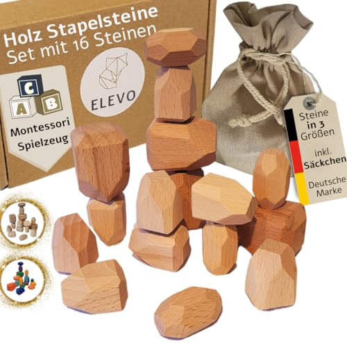 ELEVO nachhaltiges Motorikspielzeug aus Holz, 16 Stapelsteine (Natur) ab 3 Jahren, inkl. Aufbewahrungssäckchen, Montessori Holzspielzeug, Kinderspielzeug, Baby Spielzeug, Bausteine, Lernspielzeug