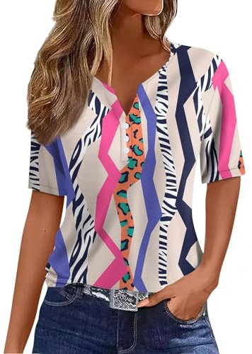 Musselin Bluse Damen Olymp Hemd T Shirt Weiß V-Ausschnitt Blumen Bedruckt Longshirt Mit Knopfleiste Henley Sommer Strand Tunika Festliche Oberteile MTB