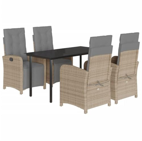 vidaXL Garten Essgruppe 5-TLG., Gartenmöbel Set mit Tisch 4 verstellbaren Gartenstühlen, Gartengarnitur mit Kissen, Sitzgruppe Essgarnitur, Beige Poly Rattan