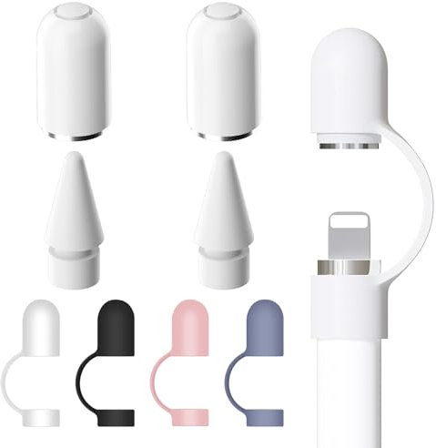 HANIUTTY Pack of 8 Pencil Caps for Apple Pencil Covers (2 Pieces White Cap and Tips, 4 Pieces Protective Case, Tips), Apple Pencil 1st Generation Cap, Anti-Loss Silicone for Apple Pencil Cap