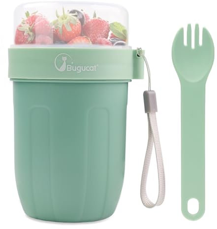 Bugucat Müslibecher to Go 660ML+260ML, 2in1 Joghurtbecher to Go & Müsli Cup to Go Becher mit Löffel, Auslaufsicherer Lunchpot Müslidose, Unterwegs Müslischale Yoghurt to Go für Picknick,Grün