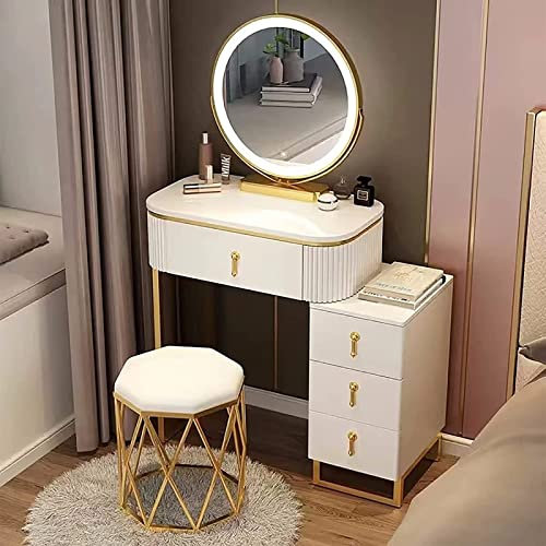 Schminkset mit LED-Leuchten, Spiegel und 4 Schubladen, Make-up-Schminkhocker aus Holz, moderner Schminktisch mit gepolstertem Hocker, für Damen