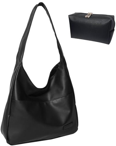 NJJHJH Tragetaschen für Damen Henkeltaschen Umhängetasche PU Leder Schulterhandtasche Schwarz Schultertasche Handbags Beuteltasche mit kleine Kosmetiktasche für Alltag Schule Einkaufen Arbeit Reisen