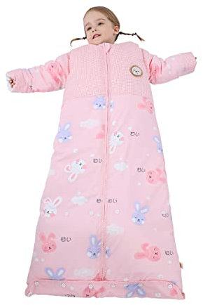 Chilsuessy Winter 2.5 Tog Kinder Schlafsack mit abnehmbaren Ärmeln Baby Schlafsack Bio Baumwolle Ganzjahres Schlafsack für Jungen und Mädchen Warm, 2.5 Tog/Rosa Kaninchen, XL (130-150 cm)
