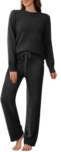 RITOSTA Pigiama Donna Invernale Lungo Tuta Donna Autunnale Invernale Completa Sportiva Due Pezzi Completo Elegante Pigiami Pile Felpa Manica Lunga e Pantaloni Larghi Casual Completi (Nero,L)