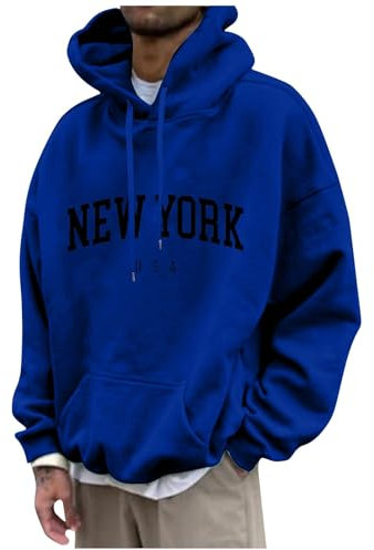 Herren Damen Hoodie Pullover Mit Kapuze Casual Brief Print Sweatshirt Männer Oversize Langarm Kapuzenpullover Locker Kapuzenpulli College Hoodie Mit Taschen & Kordel Langarmshirt (Royal Blue，L)