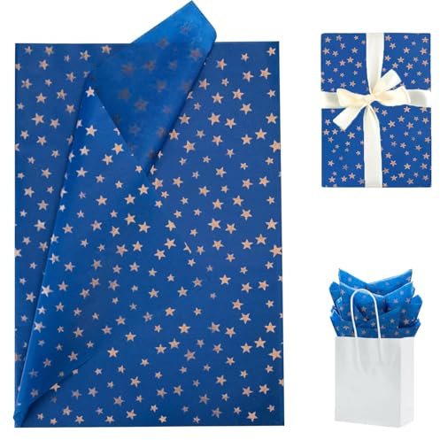 Jwssor Seidenpapier mit Sternen, 50 x 35 cm, blau-goldenes Sternenpapier für Weihnachten, Hochzeit, Geburtstag, Basteln, 20 Blatt