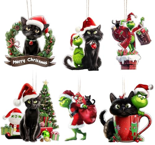 Joyoldelf Grinch Christmas Decorations - 6Pcs Christmas Black Cat Ornament Grinch Pendants for Hanging on Xmas Tree, Christmas Tree Decorations Indoor Home Party Gifts