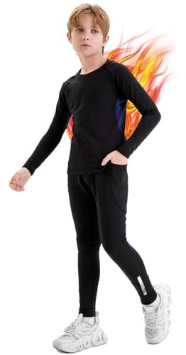 Aiseyi Thermounterwäsche Kinder Warm Skiunterwäsche Innenvlies Funktionsunterwäsche mit 2 Taschen, Schnelltrocknend Thermo Unterwäsche Atmungsaktiv Fußball Ski Thermowäsche Set für Jungen Mädchen 150