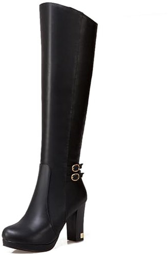 Stivali Alti Al Ginocchio da Donna con Tacco Largo con Plateau Tacco Alto Stivali Punta Rotonda Zip Stivali da Vestito, I179917Nu Nero Numero 38 EU/39Cn