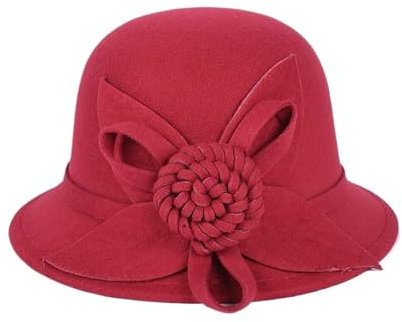 NihaoWXM Damenhut Winter Herbst Warm Damen Kirche Bowler Hüte Eleganter Fedora Hut Blume Vintage Filzkappe Fedora-Hut(Red)