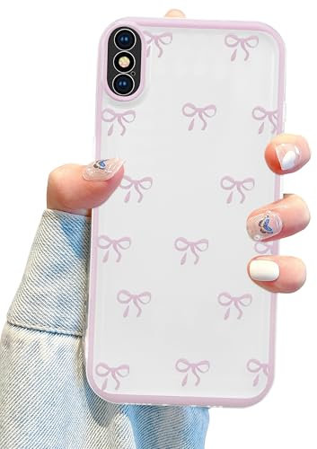 Jusy Kompatibel mit iPhone X/XS Schleifen-Handyhülle, niedliches, transparentes rosa Schleifenmuster, ästhetisch, weiches TPU, transparent, Vollkamera-Schutzhülle für Damen, Rosa