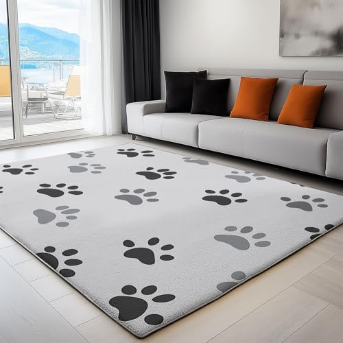 Kurzflor Teppich für Wohnzimmer 60 x 120 cm – Weicher Teppich mit Einfache Hundepfotenabdrücke, 3D-Optik Flachflor Bodenbelag, Geeignet für Schlafzimmer & Esszimmer, Grau