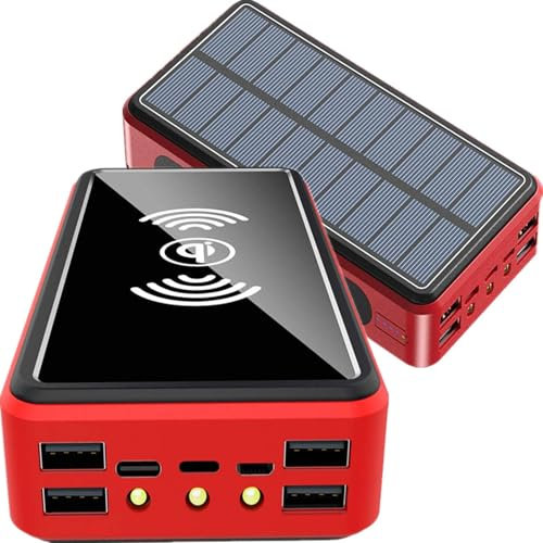 KhUkhu Chargeur Solaire 100 000 Mah, Batterie Externe sans Fil Qi Étanche, pour Camping, avec Panneau Solaire, Charge Rapide, Entrée/Sortie 5 V/2,1 A, Lampes De Poche LED
