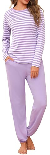 Uniexcosm Pigiama da Donna Girocollo in Cotone Taglie Forti Pigiama in Due Pezzi a Maniche Lunghe Stampato Pigiama Lungo con Tasche