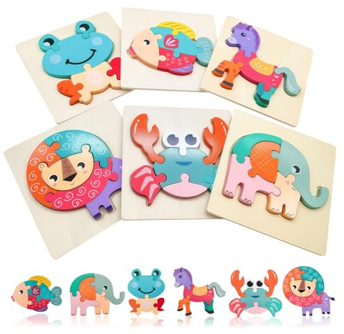 Wooden Jigsaw Puzzle for Kids 6 Styles Cartoon Animals 3D Puzzles for 2-6 Year Olds Montessori Kids Teasers Toys Jigsaw Blocks Early Educational Learning Boy Girl Toddlers Easter