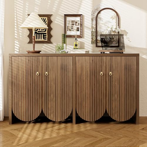 Elégant Buffet en placage de Noyer 147 x 40 x 80 cm, Meuble de Rangement avec 4 Portes, étagères réglables et poignées en Aluminium, Convient au Salon, à la Salle à Manger et au Couloir (Wood)