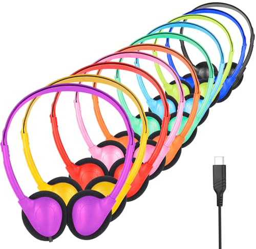 GDBOMA USB C Headphones Bulk 10 Pack for Classroom School Kids,On-Ear Wired Type C Headphones Compatible with Pad Smartphones Mixed Colors