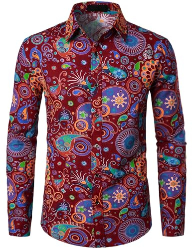 PARKLEES Men's Linen 70s Hippie Traditional Style Pattern Printed Long Sleeve Button up Shirt Burgundy XX-Large