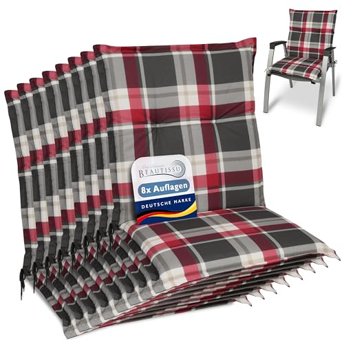 Beautissu 8er Set Niedriglehner Auflagen für Gartenstühle UV-Lichtecht | 100x50cm Polster in Bordeaux Kariert bequeme Gartenstuhl Stuhlkissen Polsterauflagen Stuhlauflagen Garten Sunny RK