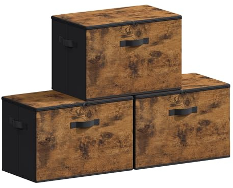 SONGMICS Foldable Storage Organiser Boxes, Storage Basket Bins with Lids, Handles, Clothes Organiser, Non-Woven Fabric, Set of 3, 50 x 30 x 30 cm, Rustic Brown RYZ050BH02