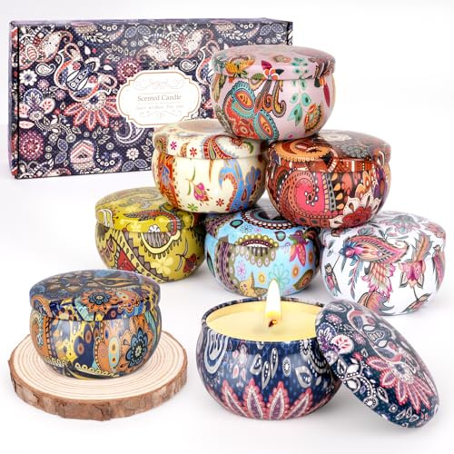 Duftkerzen Geschenkset, 8 Stück Weihnachtskerzen Duftkerzen Set mit Holzunterlage, 135Std Brenndauer Kerzen Geschenk Natürliches Sojawachs, Geschenke für Weihnachten, Kleine Geschenke für Frauen